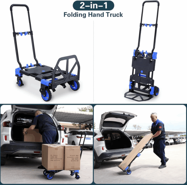 2-In-1 Hand Truck Dolly Foldable,330Lb Capacity Hand Dolly,Folding Hand Cart with Retractable Handle,Hand Truck Foldable with 4 Wheels,Portable Handtruck - Image 2