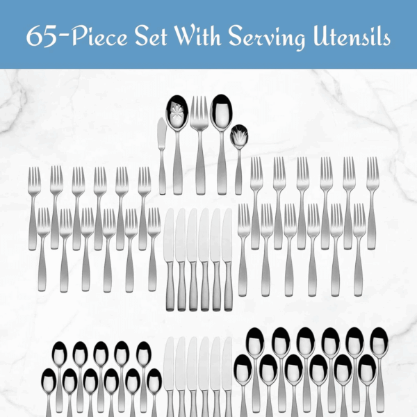 , Satin Loft Flatware Service for 12, 65 Piece Set, 18/10 Stainless Steel, Silverware Set with Serving Utensils - Image 5