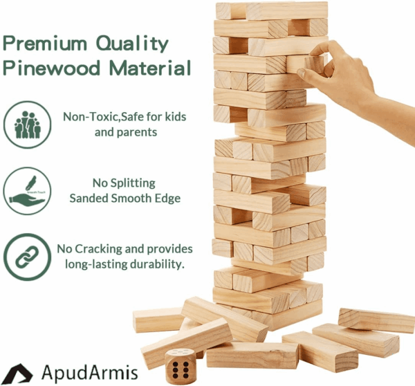 54 PCS Tumble Timber Set [Stack to 3FT], Pine Wooden Tumble Tower Game with Dice and Scoreboard Set - Classic Block Stacking Board Game for Teens Children Teenagers - Image 2