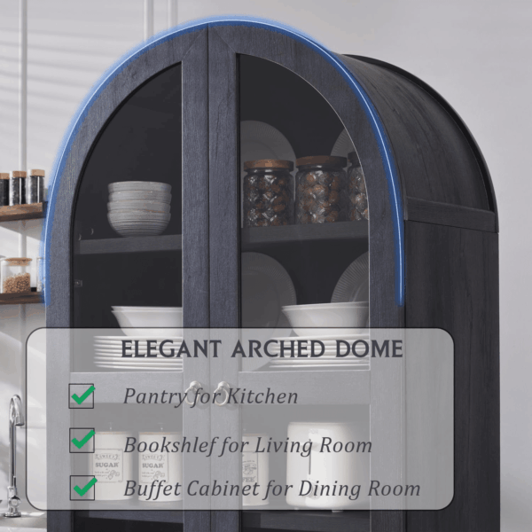 71" Tall Arched Kitchen Pantry Cabinet, Wood Kitchens Storage Cabinets with 2 Large Drawers and Adjustable Shelves, Modern Farmhouse Versatile Cupboard for Kitchen, Dining Room, Bathroom, Grey - Image 4