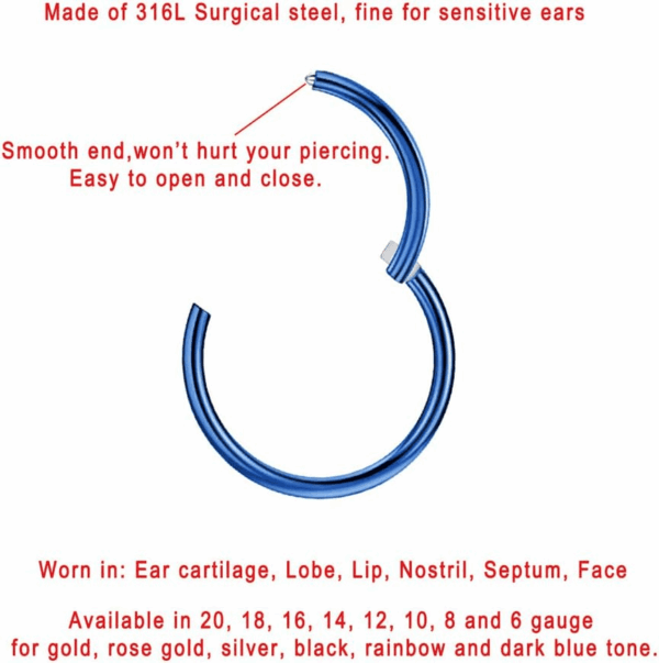 Men Women 316L Surgical Steel Hinged Nose Rings Hoop for Nostril Septum Cartilage Helix Daith Tragus Rook Conch Lip Ear Lobe Piercings - Image 2