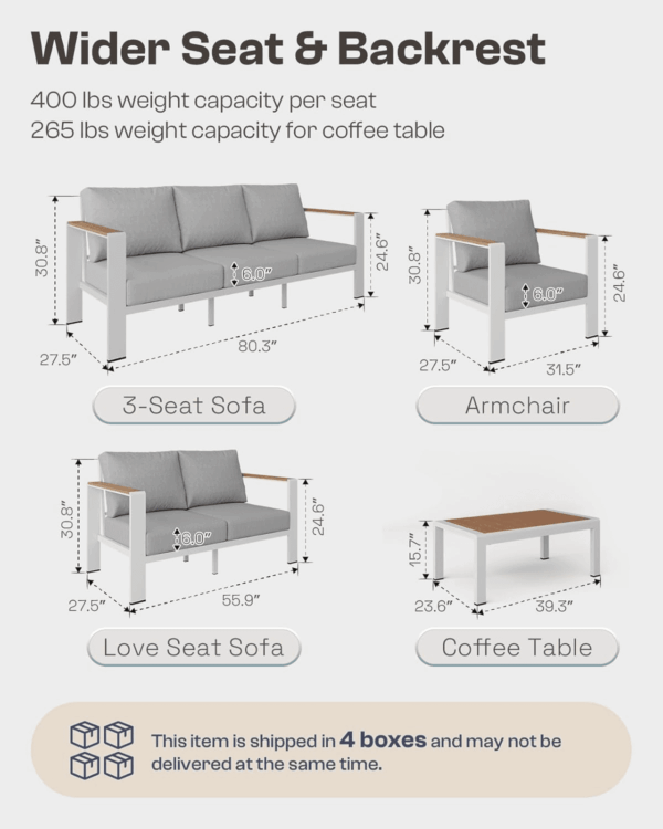 Aluminum Outdoor Patio Furniture Set with Coffee Table, 5 Piece Patio Conversation Sets with Washable Thick Cushions, Patio Sectional Furniture Set for Porch, Balcony, Lawn, White - Image 7