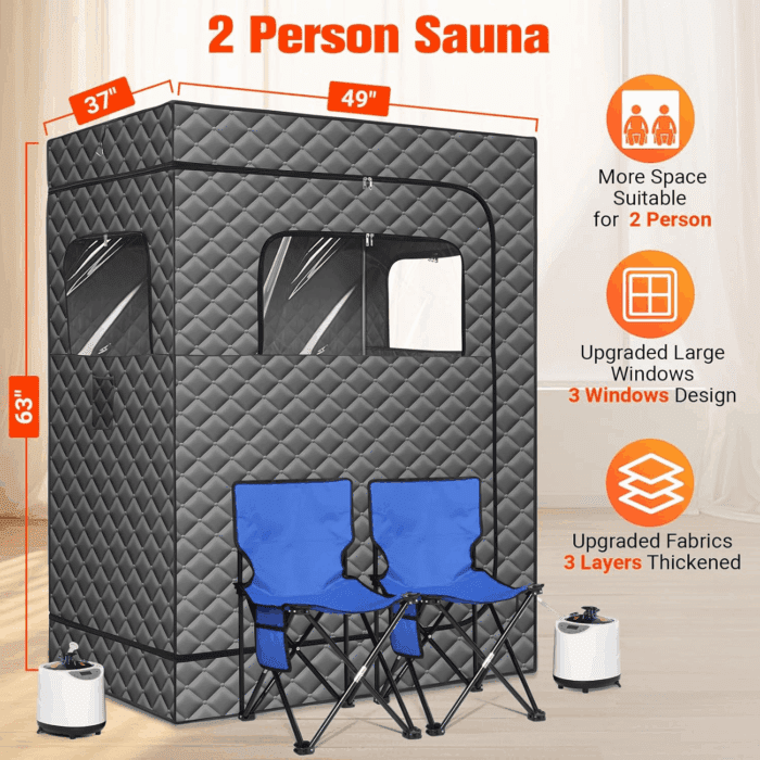 2 Person Sauna for Home, 1 or 2 Person Portable Steam Sauna with 2 1000W Sauna Steamers, 2 Floding Chairs, 9 Levels Adjustable, 99 Minutes Timer, Steamer Included (Grey) - Image 2