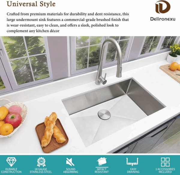 30 Inch Undermount Kitchen Sink -  18 Gauge Stainless Steel Single Bowl Kitchen Sinks 30"X18"X9" Handmade Design with Brushed, Includes Drain Kit (No Additional Accessories) - Image 2