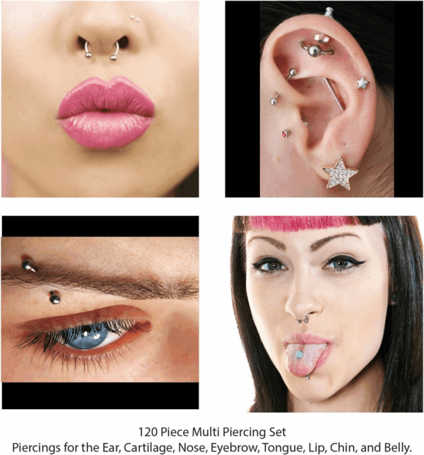 120PC Body Piercing Jewelry - Ear Tragus Cartilage Daith Nose Septum Lip Belly Button - 14G 16G 18G RANDOM Mix - Horseshoe Ring Industrial Barbell Stud - Surgical Steel Acrylic - Image 4