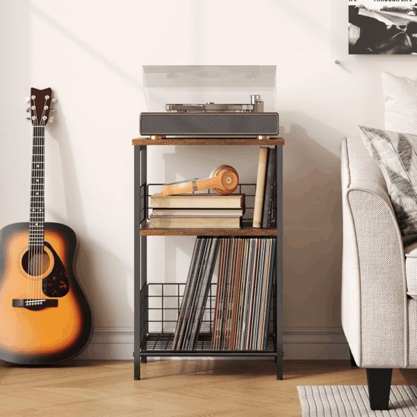 Side Table, Small End Table Record Player Stand with Storage, Vinyl Record Storage Night Stand for Living Room, Bedroom,Office(Patent Pending)(Rustic Brown & Black) - Image 7