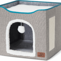 Cat Beds for Indoor Cats - Large Cat Cave for Pet Cat House with Fluffy Ball Hanging and Scratch Pad, Foldable Cat Hideaway,16.5X16.5X13 Inches, Grey - Image 7