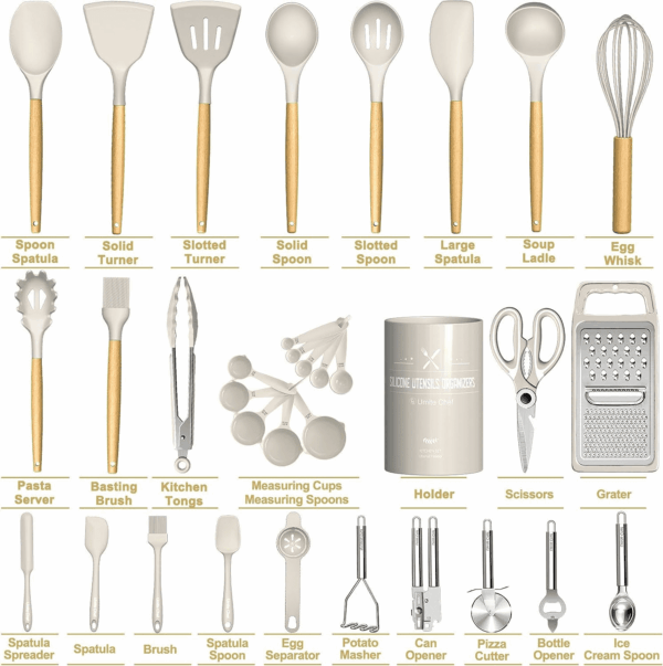 Silicone Kitchen Utensil Set, 34PCS Heat Resistant Kitchen Gadgets and Tools with Grater, Wood Handles for Nonstick Cookware - Image 2