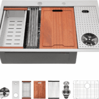 33 Inch Drop in Kitchen Sink Workstation with Glass Rinser 33X22 Drop in Kitchen Sinks Stainless Steel Workstation Sinks 16 Gauge Single Bowl Sink with Cup Washer with Cutting Board