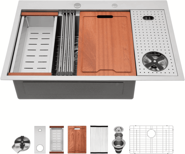33 Inch Drop in Kitchen Sink Workstation with Glass Rinser 33X22 Drop in Kitchen Sinks Stainless Steel Workstation Sinks 16 Gauge Single Bowl Sink with Cup Washer with Cutting Board