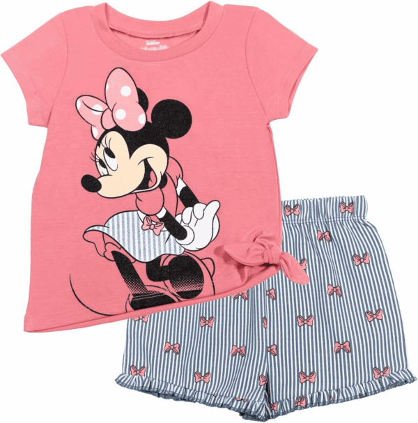 Minnie Mouse Rainbow Floral T-Shirt and Chambray Shorts Outfit Set Infant to Big Kid Sizes (12 Months - 14-16)