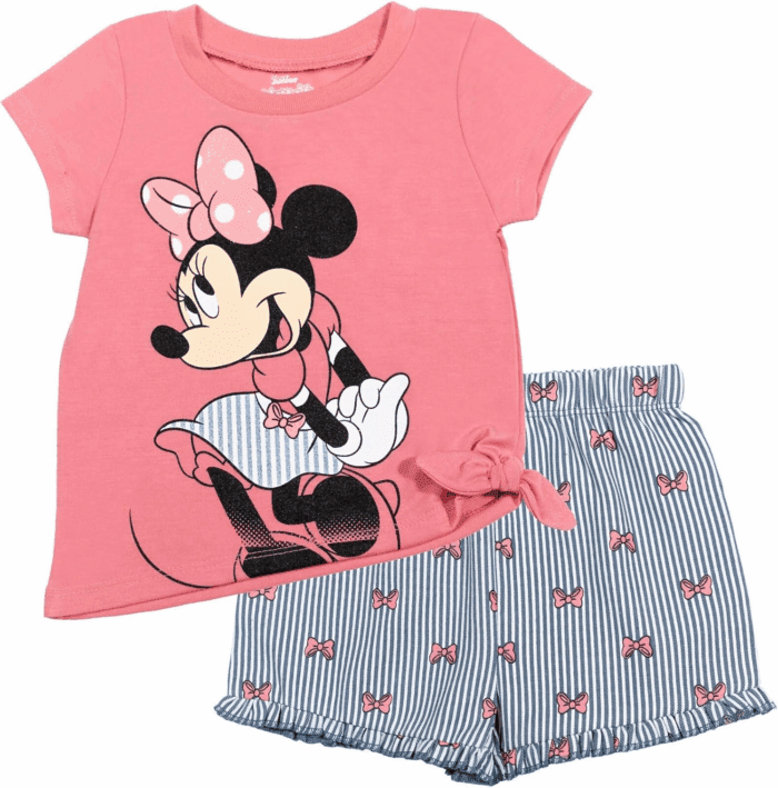 Minnie Mouse Rainbow Floral T-Shirt and Chambray Shorts Outfit Set Infant to Big Kid Sizes (12 Months - 14-16)