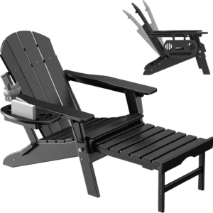 Adjustable Adirondack Chair with Retractable Ottoman, HDPE Folding Adirondack Chair with Cup Holder, All Weather Fire Pit Chair for Outdoor.