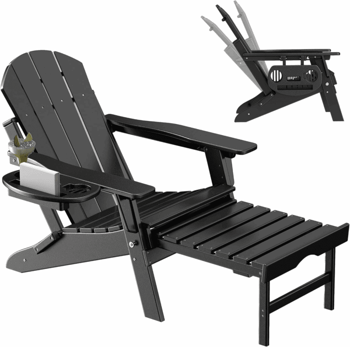 Adjustable Adirondack Chair with Retractable Ottoman, HDPE Folding Adirondack Chair with Cup Holder, All Weather Fire Pit Chair for Outdoor.