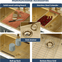 33 Drop in Kitchen Sink Workstation Gold 33X22 Drop in Sinks Stainless Steel 16 Gauge Single Bowl Handmade Topmount Kitchen Sink with Cutting Board - Image 5