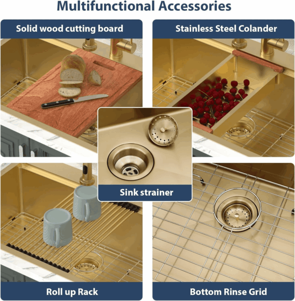 33 Drop in Kitchen Sink Workstation Gold 33X22 Drop in Sinks Stainless Steel 16 Gauge Single Bowl Handmade Topmount Kitchen Sink with Cutting Board - Image 5