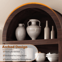 Arched Bookshelf Bookcase China Pantry Storage Cabinet with Doors and Shelves,Kitchen Pantry Cabinet,71“ Tall Food Pantry Furniture for Living Room, Dining Room (Brown) - Image 5