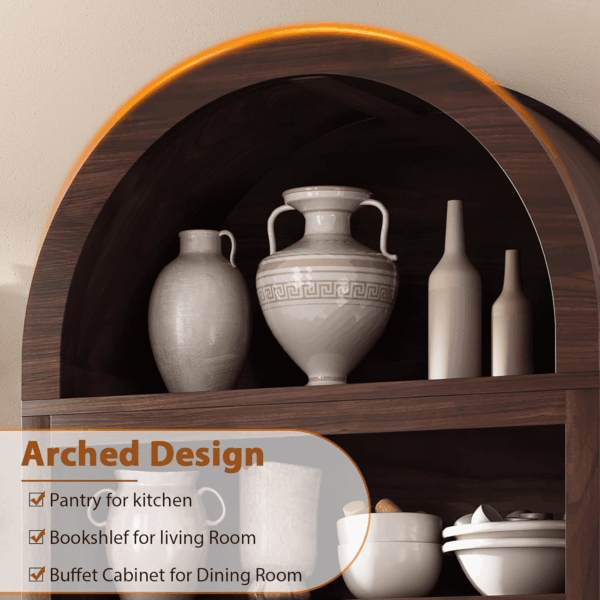 Arched Bookshelf Bookcase China Pantry Storage Cabinet with Doors and Shelves,Kitchen Pantry Cabinet,71“ Tall Food Pantry Furniture for Living Room, Dining Room (Brown) - Image 5