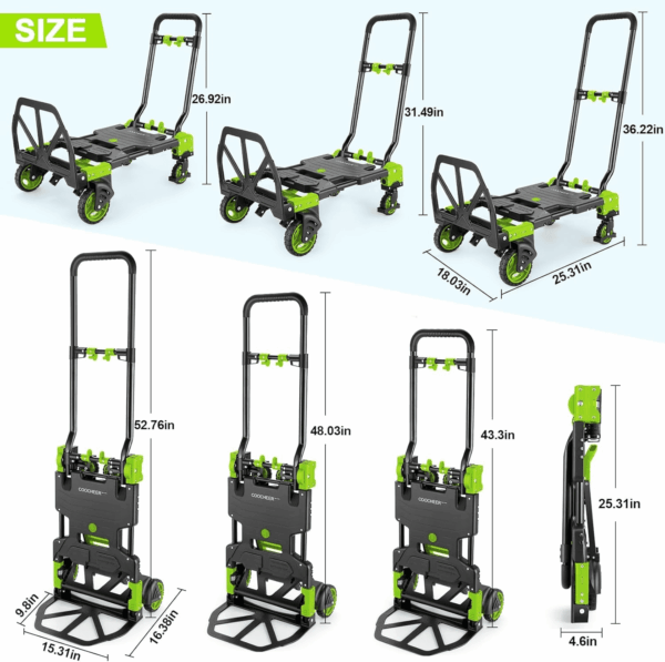 330LB Folding Hand Truck Heavy Duty Carrying, Combination of Four Wheels and Two Wheels Convertible Dolly Cart with Retractable Handle Dolly for Moving Office Carts(Green) - Image 2