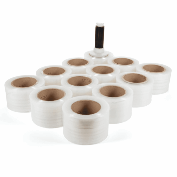 3" Stretch Wrap Mini Roll, 700 Feet, 120 Gauge (Pack of 12) with a Plastic Handle Included – Industrial Grade Clear Plastic Wrap – Improved Protection for Packing, Moving, or Office