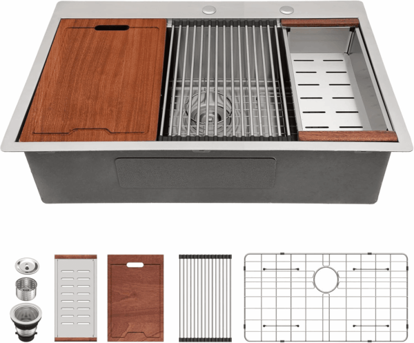 33 Drop in Kitchen Sink Workstation - 33X22 Kitchen Sinks Drop in Stainless Steel 16 Gauge Single Bowl Handmade Topmount Sink with Cutting Board - Image 8