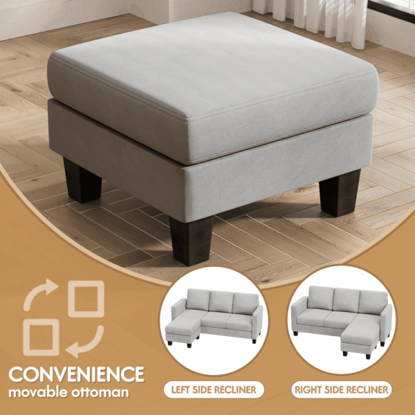 Convertible Sectional Sofa Couch, 3 Seat L-Shaped Sofa with Linen Fabric Ottoman Small Couch for Small Apartments, Living Room and Office (Linen Fabric, Light Gray) - Image 7