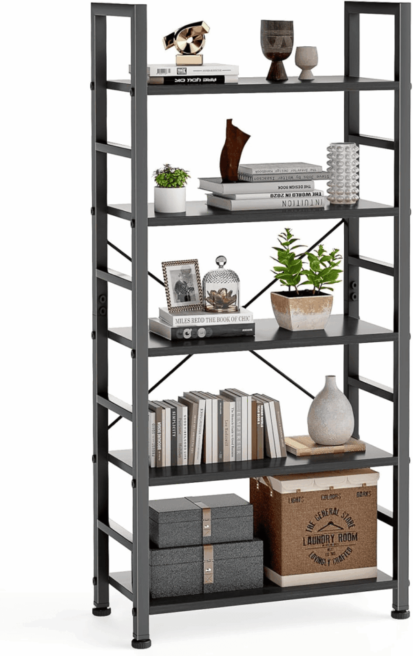 5 Tiers Bookshelf, Classical Book Shelf, Tall Display Shelves in Living Room/Home/Office, Storage Organizer for Cds/Books/Movies, Modern Black