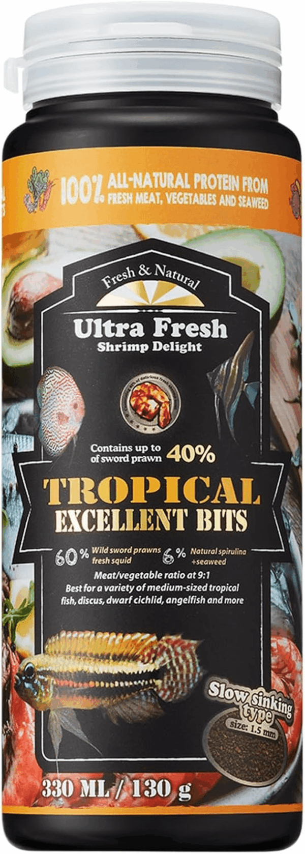 Tropical Fish Food, Wild Sword Prawn, Natural Color Enhancement, Slow Sinking Pellet for Discus, Angelfish, Medium Sized Cichlids and Fish, Tropical Excellent Bits 4.6 Oz