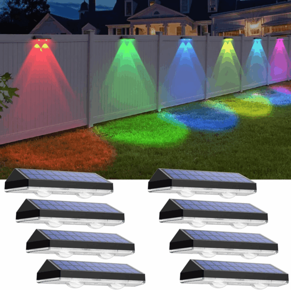 Solar Fence Lights Outdoor - Warm White & RGB 6 Color, Dusk to Dawn Deck Light, IP65 Waterproof Garden Lights for Outside/Backyard/Railing/Step/Patio/Wall (8 Pack)