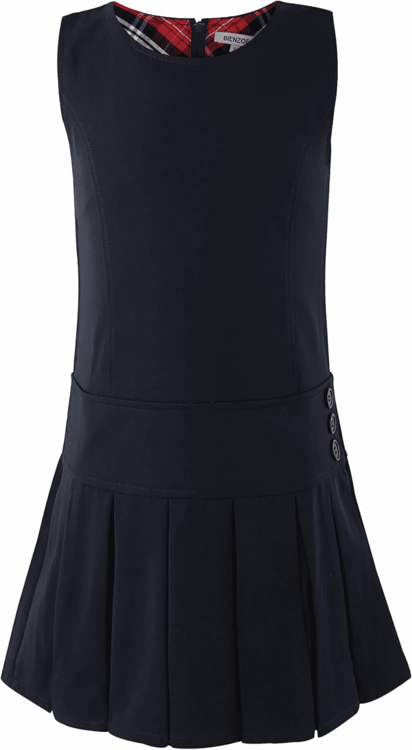 Girls School Uniform Jumper: Stretch Pleated Durable Kids Knee Length Sleeveless Dress