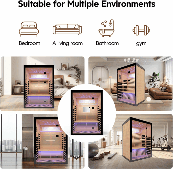 2 Person Infrared Sauna Room Far Infrared Saunas Home Canadian Hemlock Indoor 2160W Low-Emf Dry Saunas with Oxygen Bar 7 Color Therapy 53.1 * 47.2 * 74.8Inch - Image 7