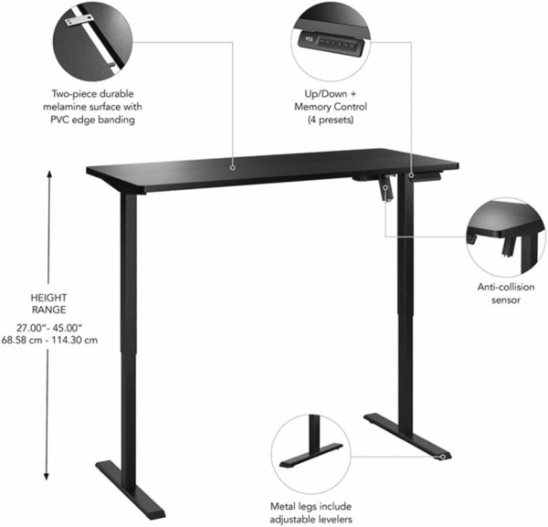 Bush Furniture Energize 55W X 24D Electric Height Adjustable Standing Desk in Basic Black, Ergonomic Sit-Stand Computer Table for Home Office - Image 3