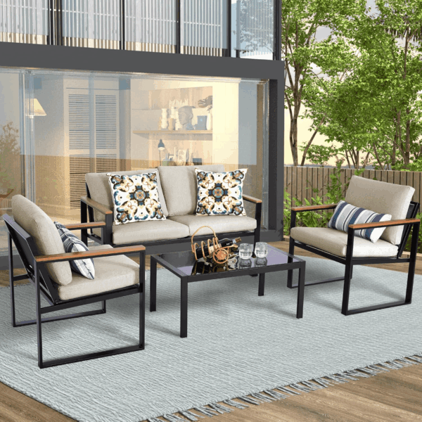 4 Pieces Patio Furniture Sets,Metal Outdoor Patio Furniture Sets,Outdoor Sectional Patio Conversation Set,Wooden Anti-Scald Armrest,Sling Mesh,4" Olefin Cushions - Image 7