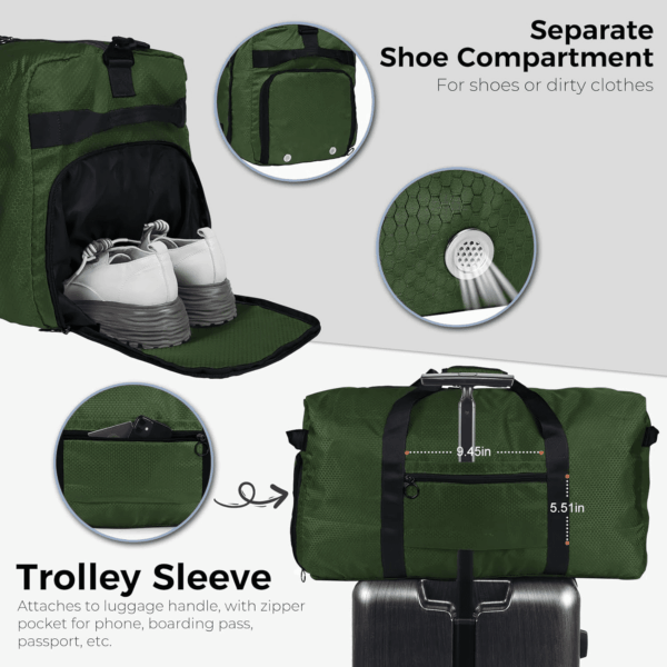 65L Duffle Bag with Shoes Compartment, Foldable Travel Duffel Bags for Men Women, Large Packable Travel Bag Water Repellent & Tear Resistant (Green) - Image 5