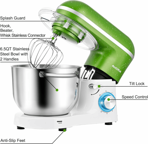 Stand Mixer,6.5Qt 660W 6-Speed Tilt-Head Food Mixer, Kitchen Electric Mixer with Dough Hook, Wire Whip & Beater (Green-White, 6.5QT) - Image 2