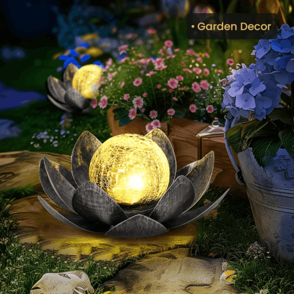 Solar Light Outdoor Garden Decor, Lotus Flower Light Crackle Globe Glass Lantern Outdoor Table Decor Waterproof for Patio, Lawn, Pathway, Pool, Pond (Grey Petal) - Image 4
