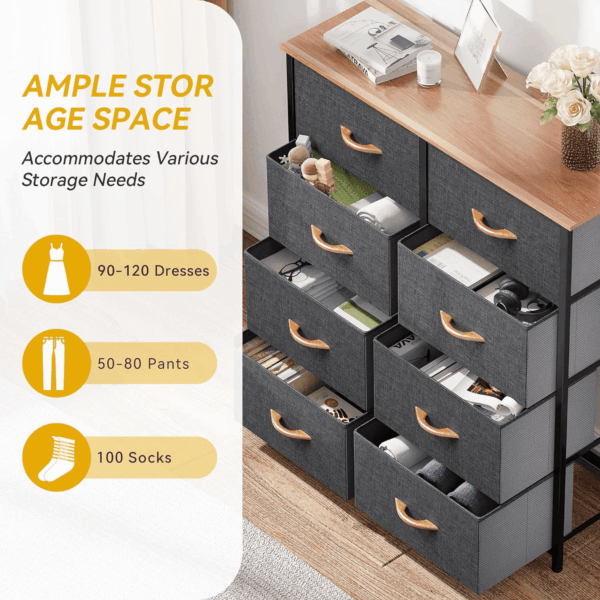 Dresser for Bedroom, Fabric Dresser with 8 Drawers, Tall Dresser, Double Dresser, Chest of Drawers for Closet, Living Room, Sturdy Steel Frame, Wooden Top, Easy Pull Handle - Image 5