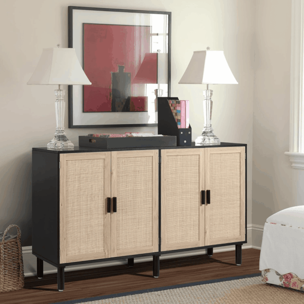 4 Door Sideboard Buffet Cabinet, Kitchen Storage Cabinet with Rattan Decorated Doors, Cupboard Console Table, Boho Accent Liquor Cabinet, Bar Cabient, 62.3X 15.7X 34.6 Inches, Black - Image 2