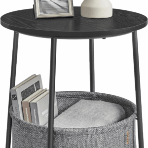 End Table, Small Bedside Table with Fabric Basket, Modern Nightstand, round Side Table, for Living Room, Bedroom, Ebony Black and Slate Gray ULET223B01