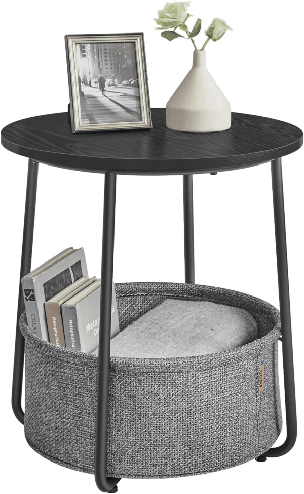 End Table, Small Bedside Table with Fabric Basket, Modern Nightstand, round Side Table, for Living Room, Bedroom, Ebony Black and Slate Gray ULET223B01