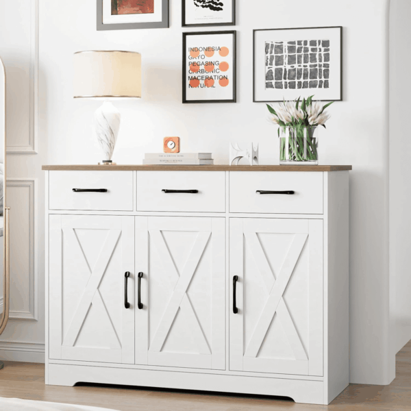 Modern Farmhouse Sideboard Buffet Cabinet, Barn Doors Buffet Storage Cabinet with Drawers and Shelves, Wood Coffee Bar with Storage for Kitchen, Dining Room, Living Room, White - Image 6