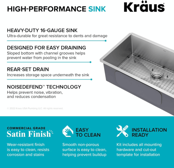 Standart Pro 30 -Inch Undermount Single Bowl 16 Gauge Stainless Steel Kitchen Sink, KHU100-30 - Image 4