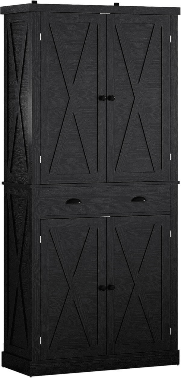 Kitchen Pantry Storage Cabinet 72.6" H, with Barn Doors, Drawer, 4 Adjustable Shelves, Freestanding Cupboard for Dining Room Living Room, Laundry, Black