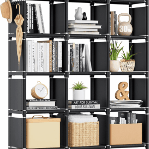 Book Shelf, 12 Cube Storage Organizer, DIY Bookcase, Metal Bookshelf,Tall Book Case for Bedroom, Living Room,Office,Closet, Black Cubicle Rack