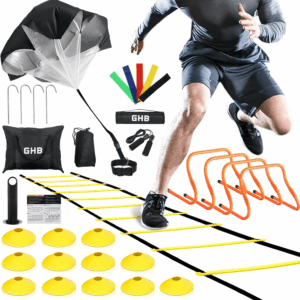 Agility Ladder,Football Training Equipment Set,4 Agility Hurdles, 20 Feet12 Rungs Speed Ladder,12 Disc Cones,Resistance Parachute, Jump Rope, 4 Resistance Bands