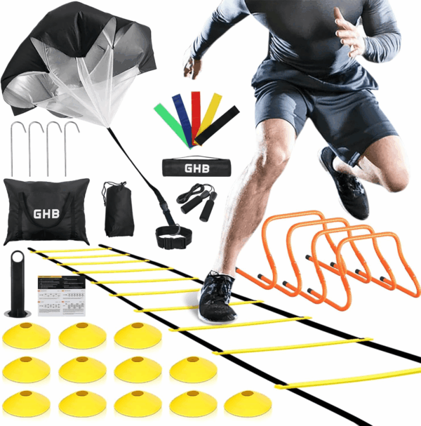 Agility Ladder,Football Training Equipment Set,4 Agility Hurdles, 20 Feet12 Rungs Speed Ladder,12 Disc Cones,Resistance Parachute, Jump Rope, 4 Resistance Bands