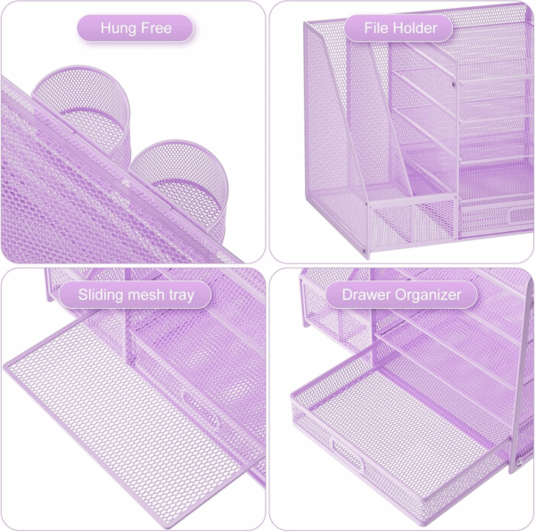 Desk Organizer with File Holder, 5-Tier Paper Letter Tray Organizer with Drawer and 2 Pen Holder, Mesh Desktop Organizer and Storage with Magazine Holder for Office Supplies(Purple) - Image 4