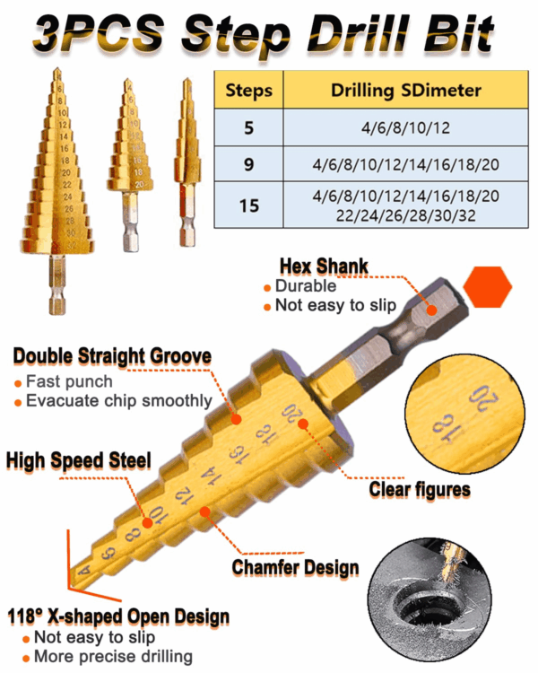 32 Pack Woodworking Chamfer Drilling Tools, Including Countersink Drill Bits, L-Wrench, Wood Plug Cutter, Step Bit, Center Punch, Cutting Twist Bits - Image 5