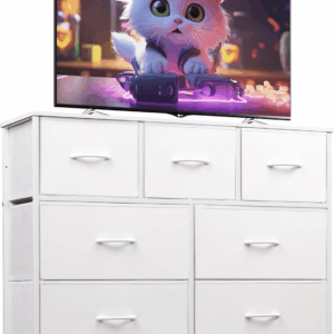 7 Drawer Dresser TV Stand, Dressers for Bedroom, Fabric Storage Tower, Hallway, Entryway, Closets, Sturdy Steel Frame, Wood Top, Easy Pull Handle, White
