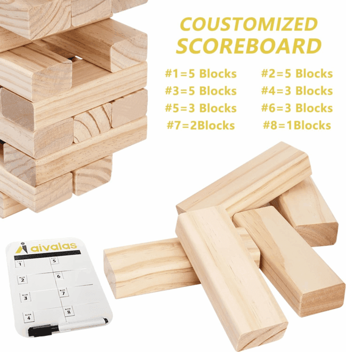 Giant Timber Blocks Games, 56 Blocks Large Tower Outdoor Games - Includes Carry Bag and Scoreboard, Wood Stacking Yard Games Grows from 2FT to over 4.2FT for Kids Adults Family - Image 4